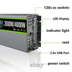 12V DC to 120V AC Pure Sine Wave Inverter 2000W 4000 Watt LCD RV Car USB US Plug