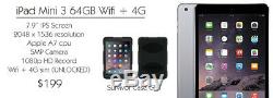 Apple IPad MINI 3 64GB Wifi + 4G Space Gray UNLOCKED 7.9 BUNDLE SURVIVOR CASE