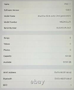 Apple iPad Pro 12.9 2nd Generation 64GB WiFi Only Space Gray MQDA2LL/A A1670