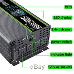 Power Inverter 24V To AC 120V Pure Sine Wave 1500W 3000W 60Hz LCD USB Charger US